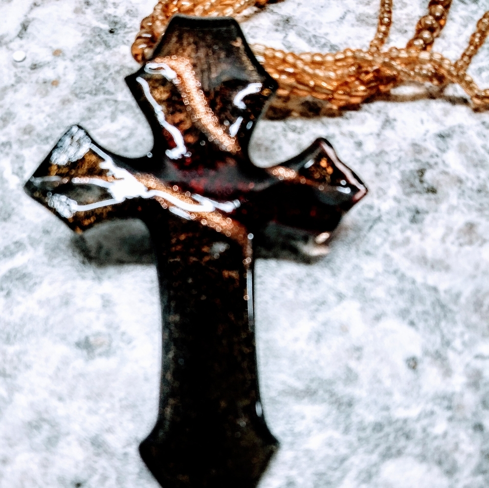 Glass Cross Necklace in Bronze/Gold/ Black
